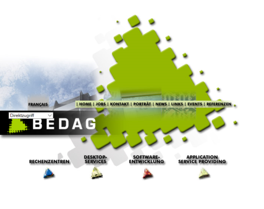 Mit dem ersten Redesign 2003 wagte die Bedag – wohl noch unter dem Einfluss der Expo.02 – einen für damalige Verhältnisse geradezu futuristischen Neuauftritt. 